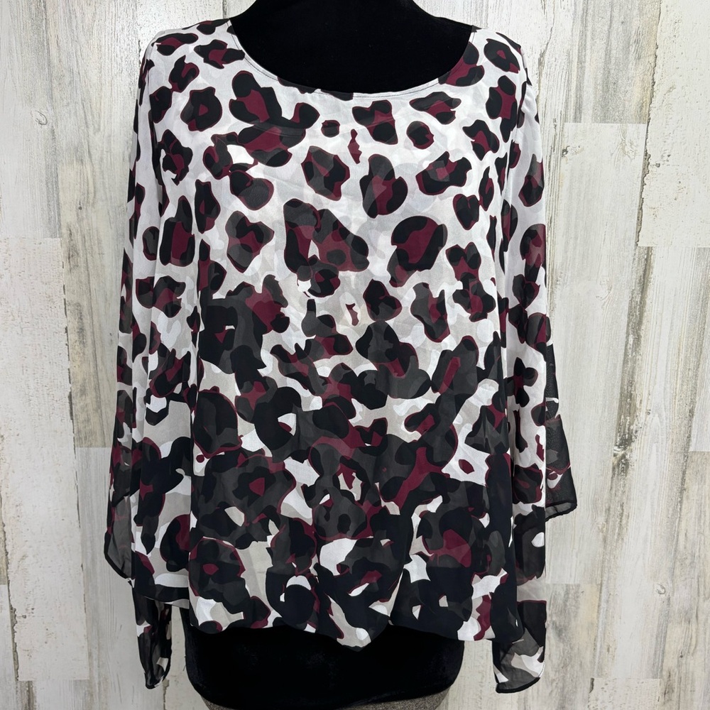 Alfani Plus Size Black and Burgundy Leopard‎ Print Layered Blouse